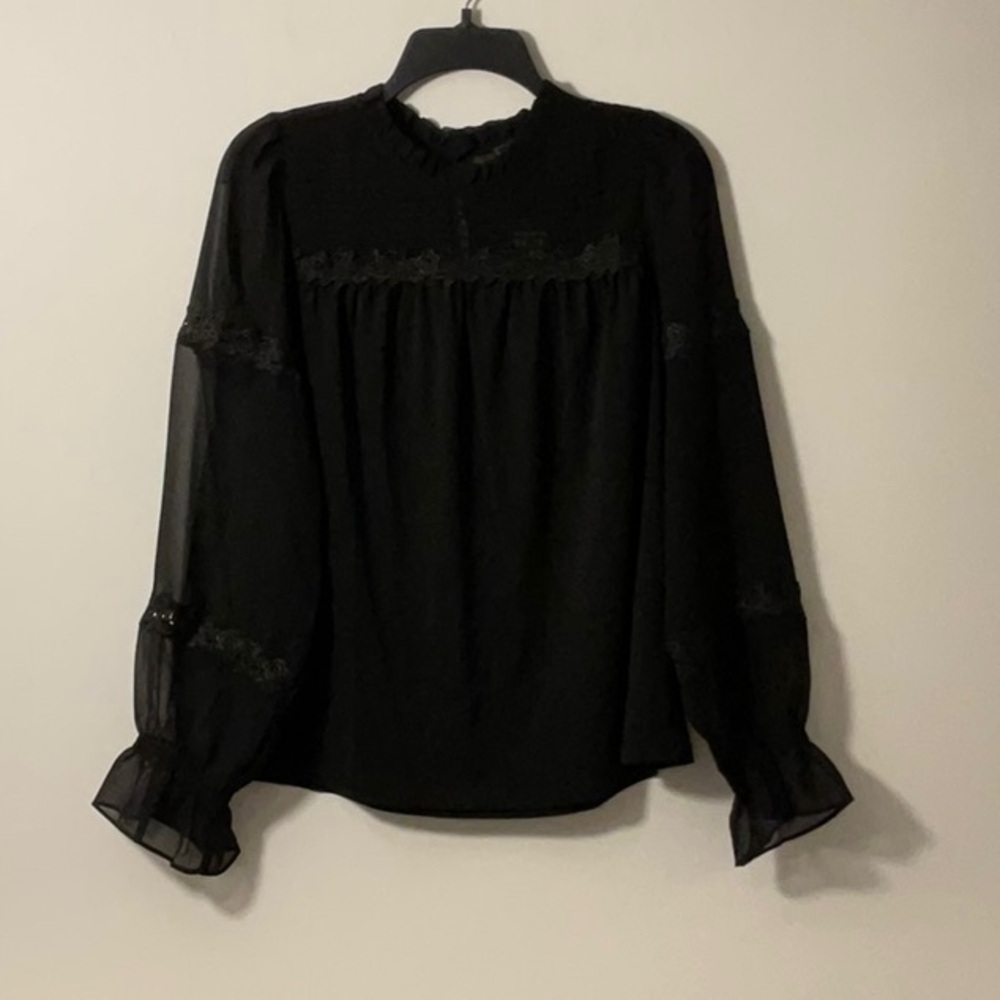 Belldini Black Ruffled Long Sleeve Blouse with Mandarin Collar